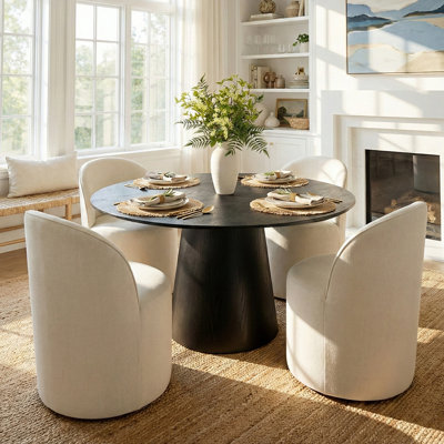 4 - Person Dining Table Sets With 52'' Round Table & 4 Upholstered Linen Rolling Chairs
