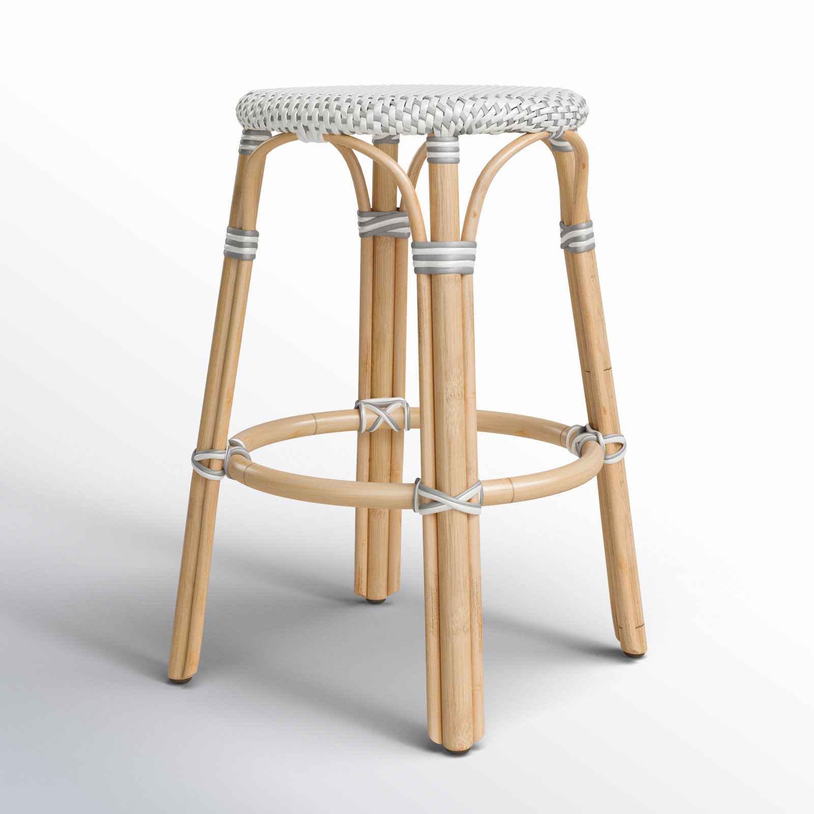 Alastair Bar & Counter Stool, Counter Stool (24" Seat Height), White/Gray Dot/Natural Rattan Frame