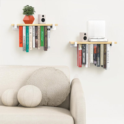 2 Set of Floating Bookshelf with White Shelf Brackets, Wood Invisible Bookshelf, Hanging Bookshelves for Wall, Unique Space Saving Wall Bookcase