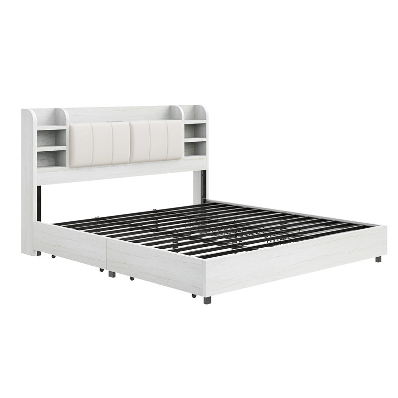 Revan Ebern Designs Bed Frame With Headboard, Platform Bed Frame With 4 Storage Drawers & Hidden Storage, Bookcase Bed Frame With Charging Station