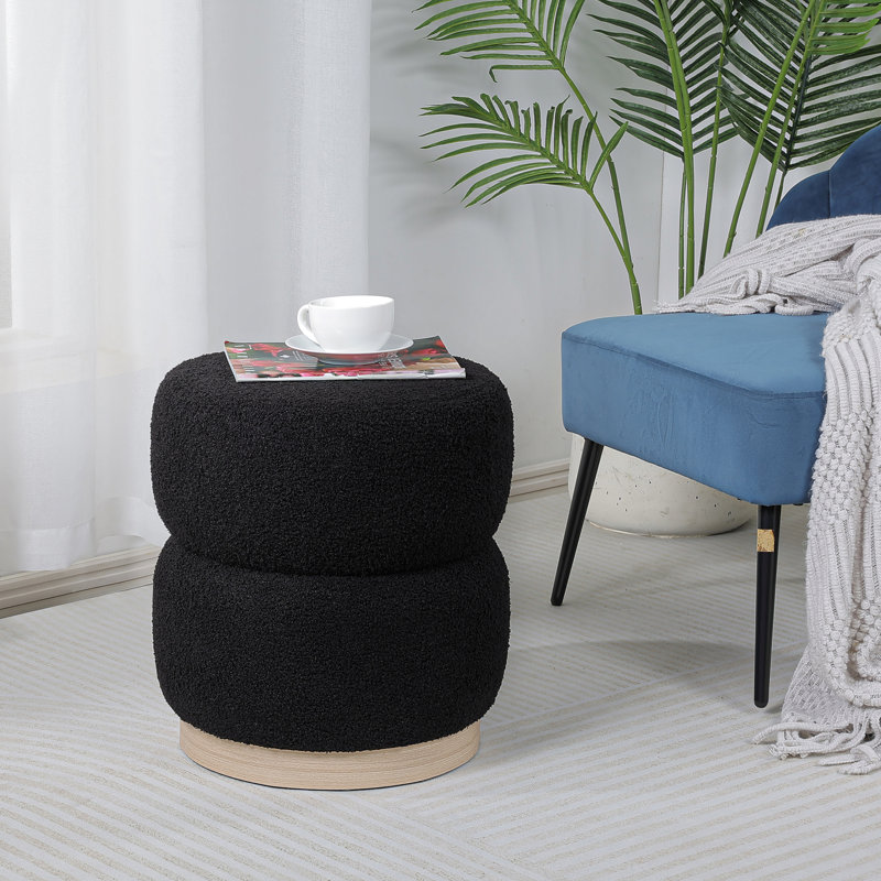 Round Upholstered Ottoman Stool, Black Teddy