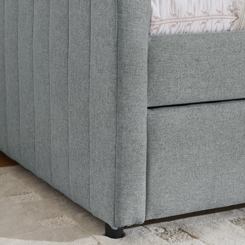 Daybed with trundle - upholstered sofa bed, vertical stripes, linen fabric, Gray, Twin