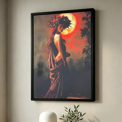 Femme d'Halloween avec une couronne de fleurs sous une lune brillante, tableau sur toile encadré, cadre marron, 40 x 60 cm