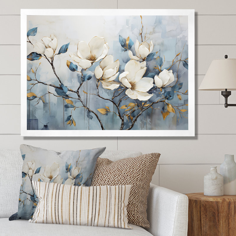 Elegant Magnolias Tranquility - art mural de salon Magnolias, H 16 po x l 32 po, Cadre photo unique, Blanc