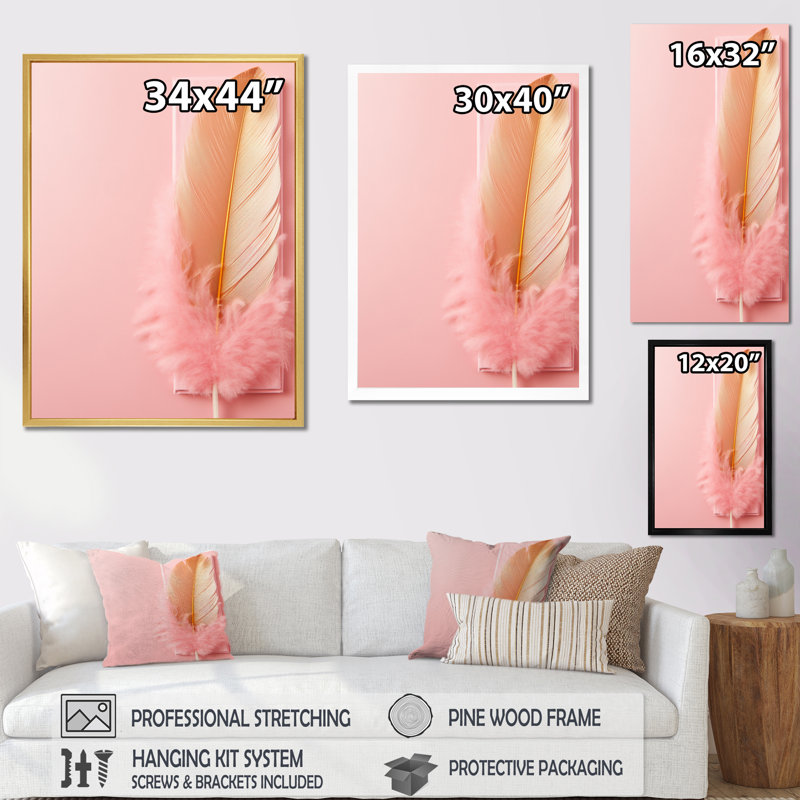 Boho Glam or et plumes roses élégantes sur toile, Cadre simple argenté, H 32 po x l 16 po x P 1 po