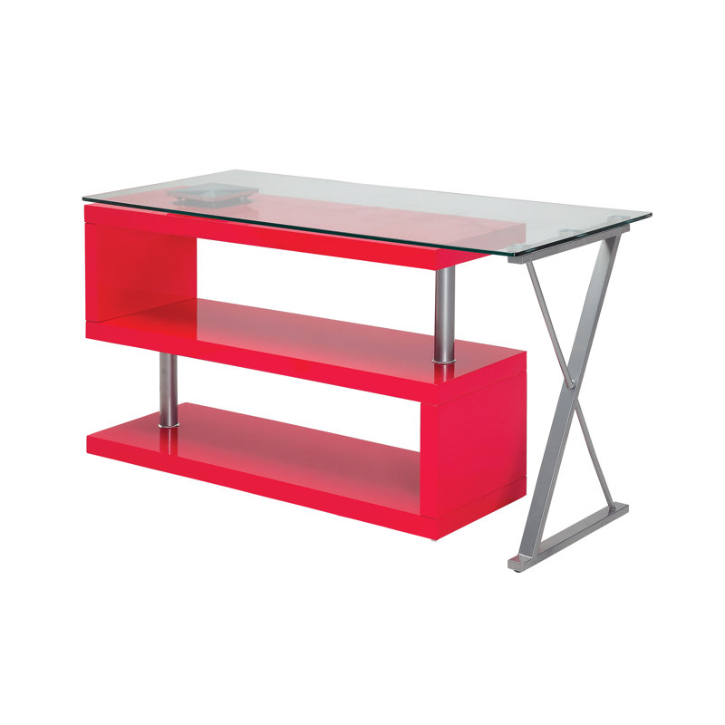 Folden L-Shaped Glass Top Computer Desk, Rose Pink