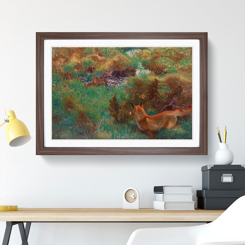 Fox Stalking Wild Ducks by Bruno Liljefors - Picture Frame Painting, Walnut Framed, 27cm H x 36cm W x 2cm D