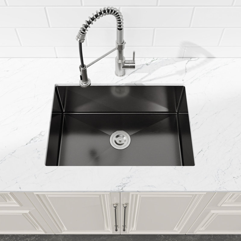Évier de cuisine en acier inoxydable à simple cuve moderne avec drain, crépine, 27" x 19" x 10", Black