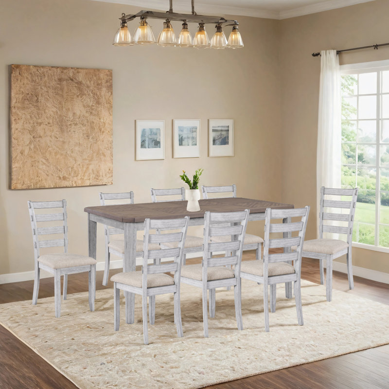 Ensemble de salle à manger 9 pièces en bois massif avec chaises à dossier échelle, Marron foncé, Beige / gris clair