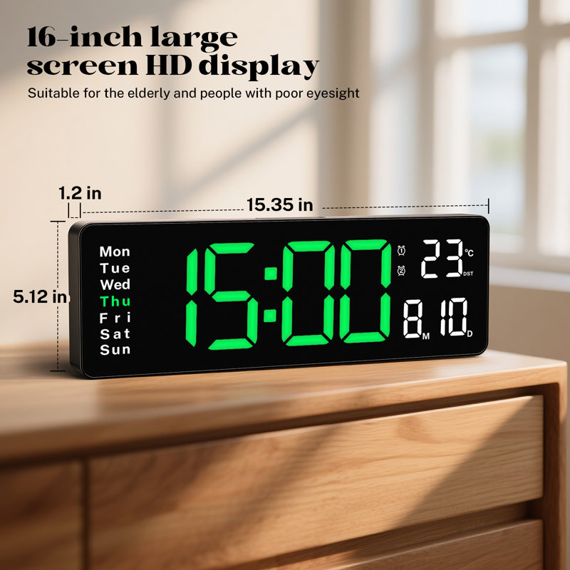 Grande horloge murale 16 pouces avec luminosité tamisée, Vert