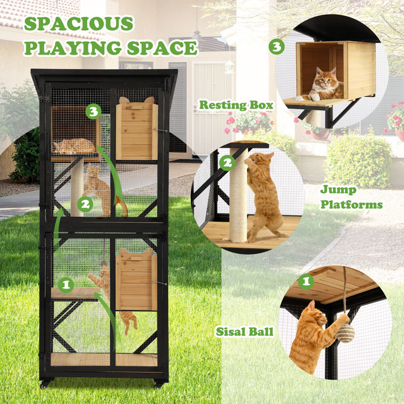 Black and Natural Wood 4-Tier Outdoor Cat Enclosure with Wheels