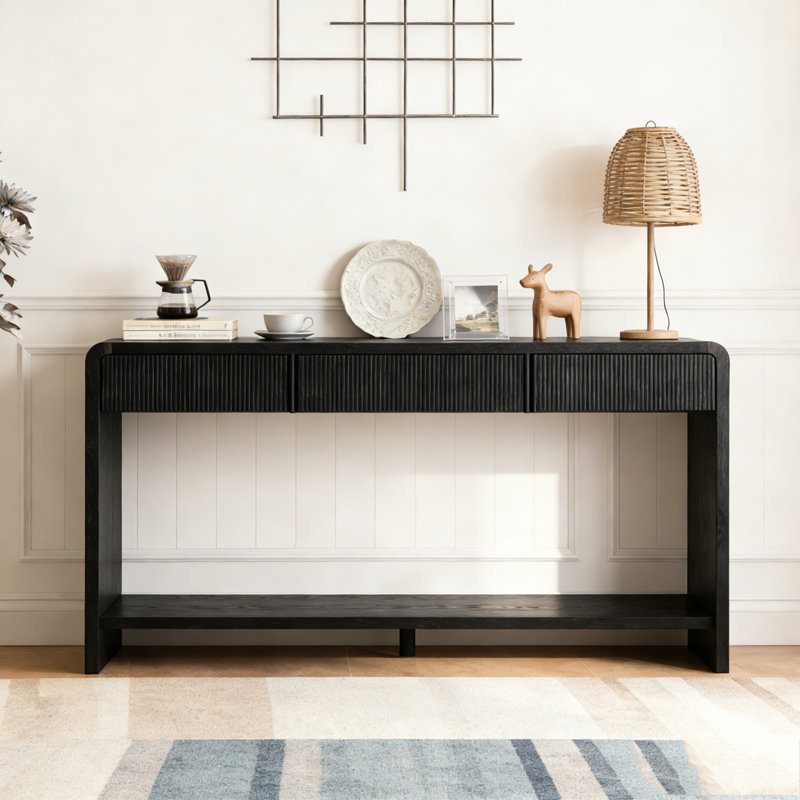 3-Drawer Console Table with Vertical Slats, Black