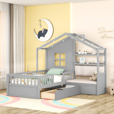 Twin Size House Bed With Sofa, Kids Platform Bed With Two Drawers And Storage Shelf -  STYLISH, OKKK612-HL000065AAE