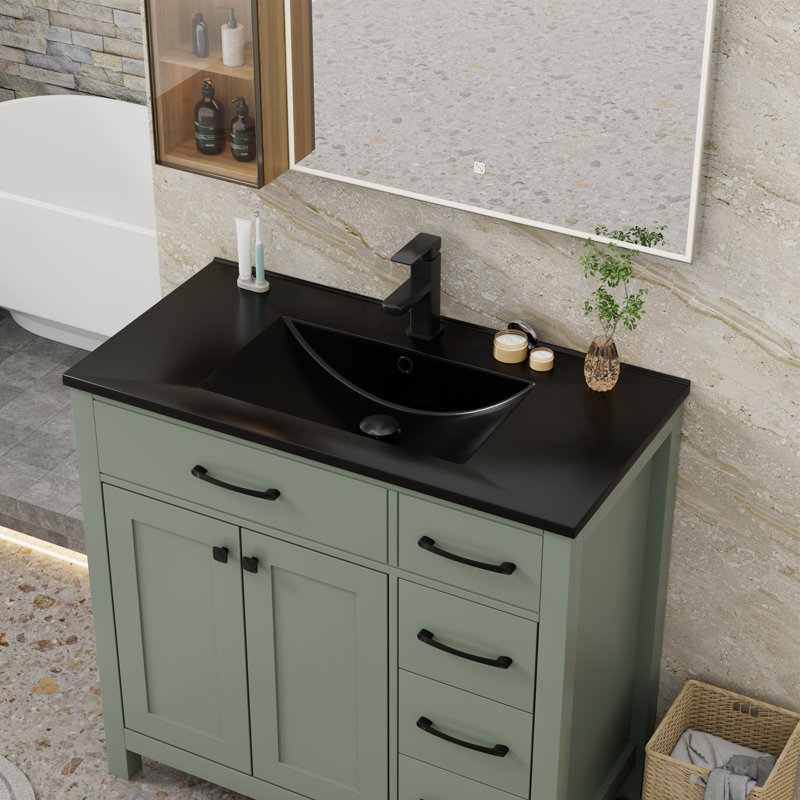 Comptoir de meuble-lavabo simple 36 po en résine intégrée noire avec robinet en alliage de zinc et bonde escamotable en laiton massif