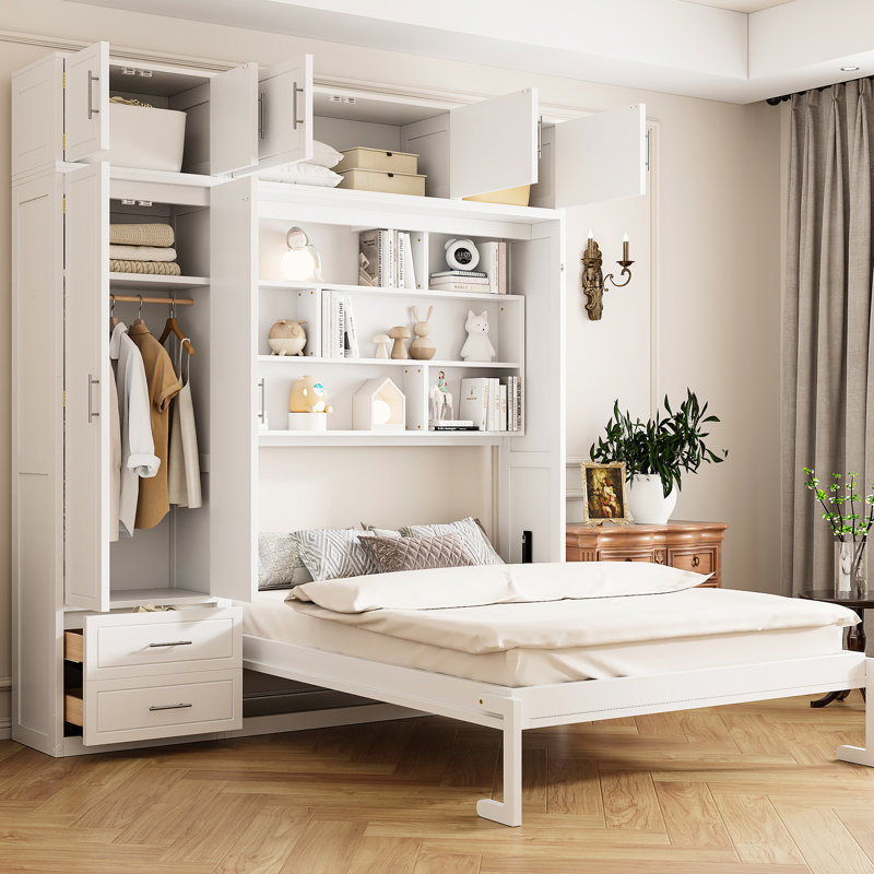 Grand lit mural peu encombrant, avec trois armoires suspendues, une armoire latérale et un lit confortable pour dormir en blanc, tiroirs de rangement, support de matelas
