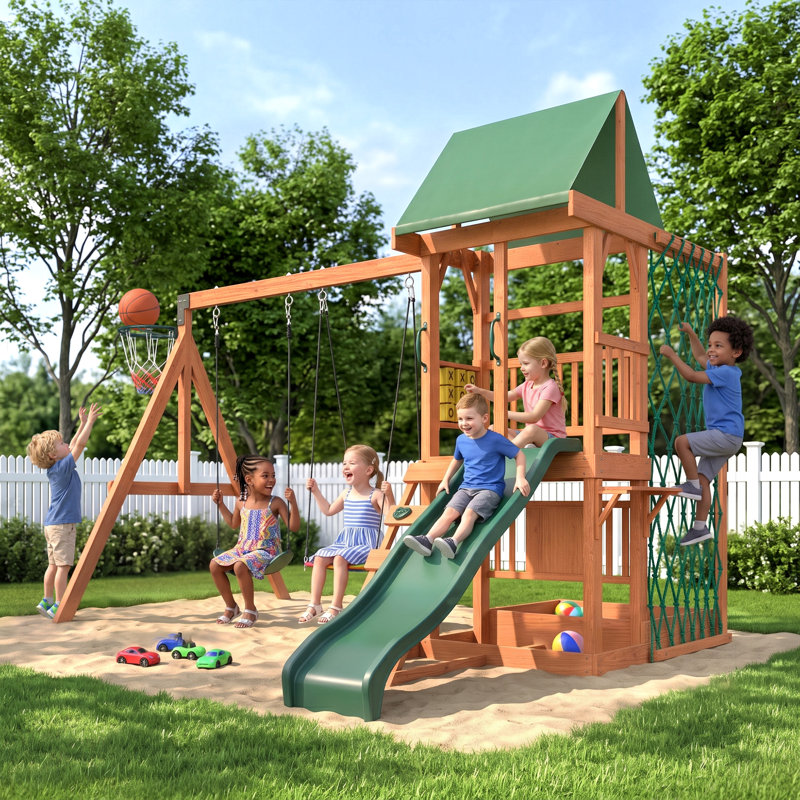 Kids Outdoor Playhouse, Wood Swing Set with Slide, Basketball Hoop, Rock Climbing Ladder, Cargo Net & Sandbox, All-in-One Playset for Backyard