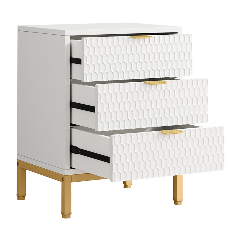 Table de chevet moderne 19,7 pouces blanche et dorée à 3 tiroirs