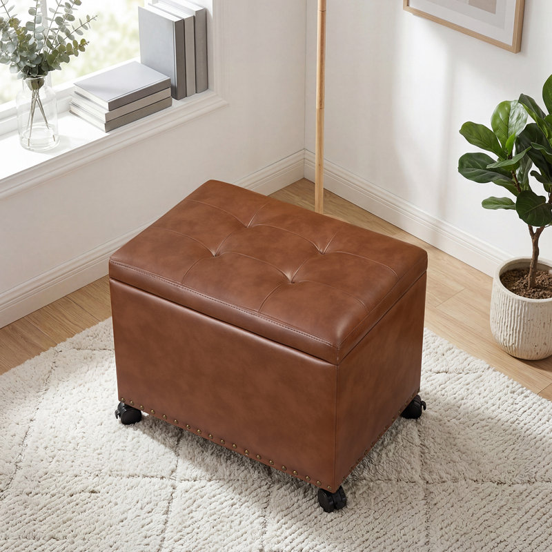 22" Faux Leather Storage Ottoman With Flip-Top Tray And Caster, Yellowish Brown