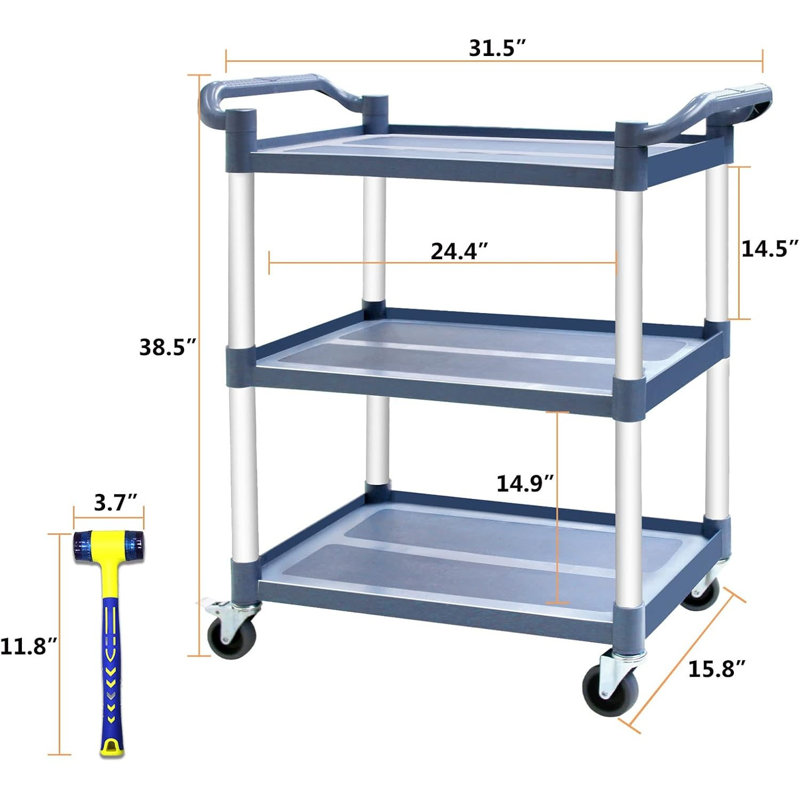 Plastic Utility Carts with Wheels, 3-Tier Restaurant Cart, Heavy Duty Rolling Cart Food Service Cart 420LBS, Bus Cart with Lockable Wheels and Rubber Hammer