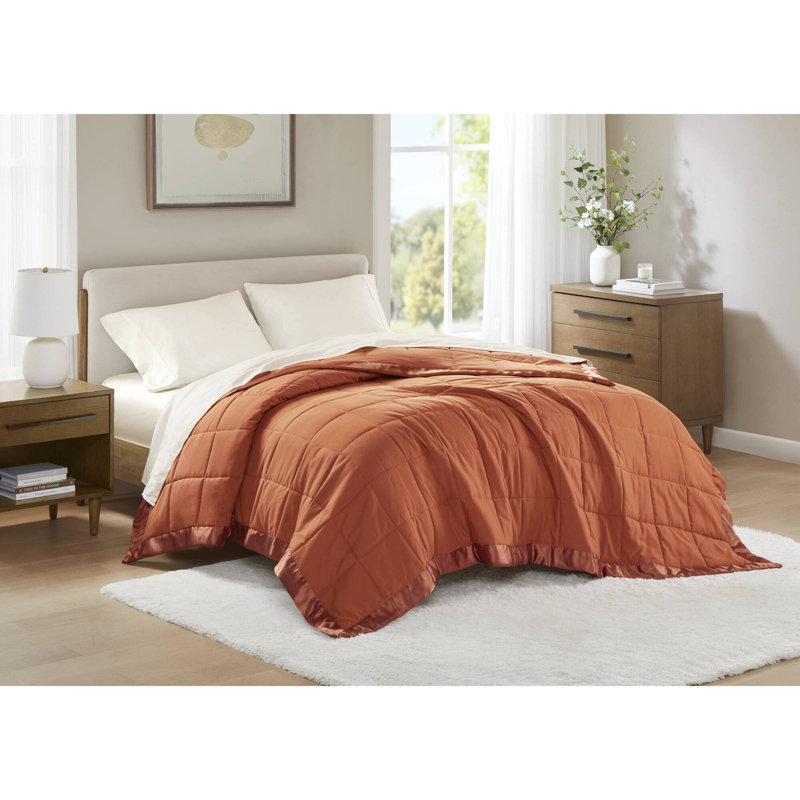 Lightweight Down Alternative Blanket with Satin Trim for Warm Weather Comfort, Orange, Queen