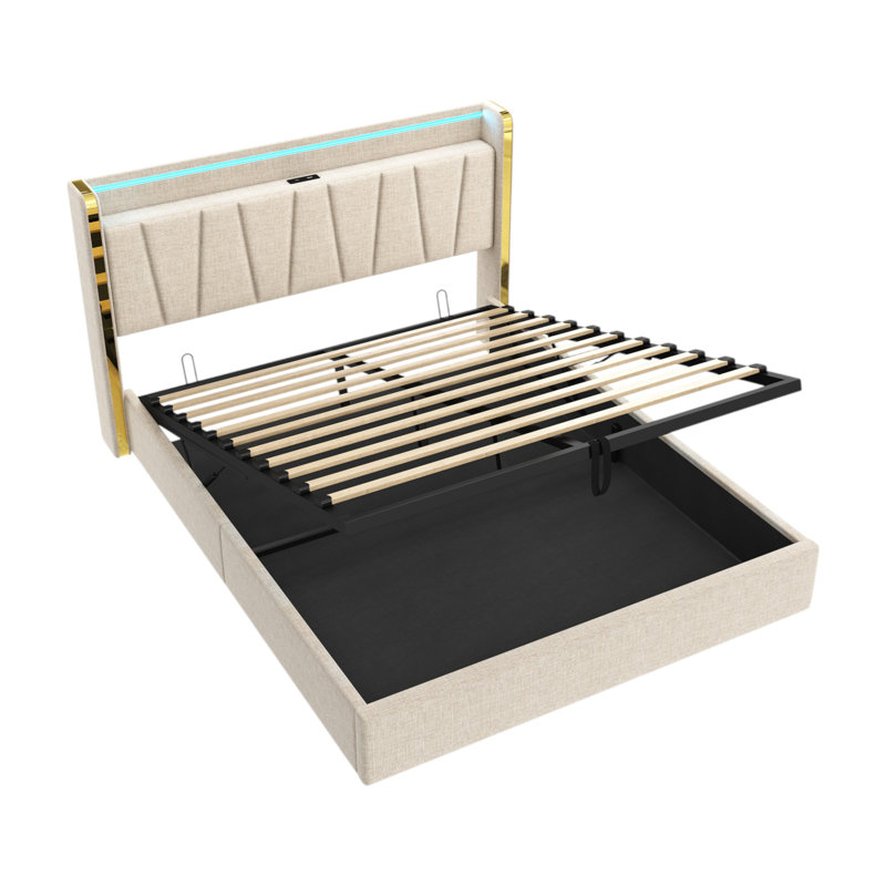 Beige Linen Upholstered Bed Frame With Hydraulic Storage, LED Headboard With Charging Station And Chrome Trim, USB And Type - C Ports (No Mattress)