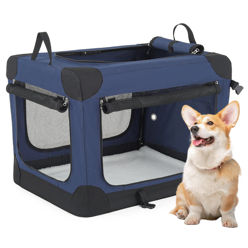 Cage pliable pour chien avec 4 portes et structure en acier, transporteur pliable pour chenil, Marine