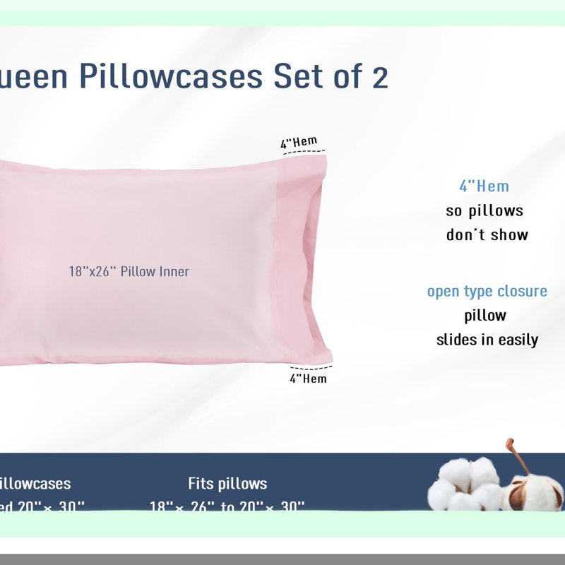 Pink Percale Dream Pillowcases - Set of 2 Standard Size 20x30 Queen Cotton Cases, Breathable & Hypoallergenic, Pre-Shrunk for a Luxurious Sleep Experience