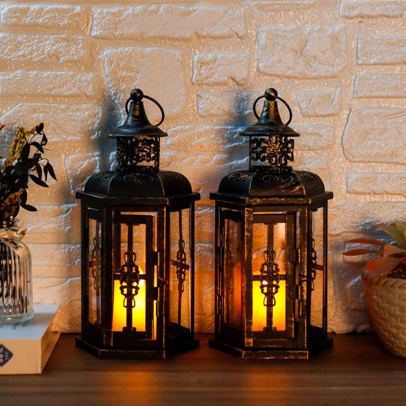 Decorative Candle Lanterns Set of 2 10" H Vintage Hanging Lanterns Metal Candleholders for Indoor Outdoor