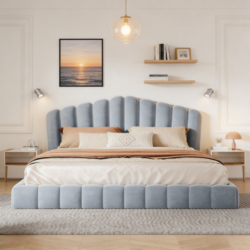 Grand lit tapissier en velours, Bleu clair