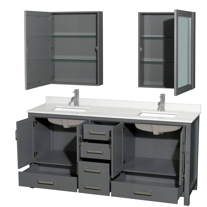 Sheffield 72" Freestanding Double Bathroom Vanity with Quartz Top with Medicine Cabinets, Giotto Quartz, Dark Gray, Chrome