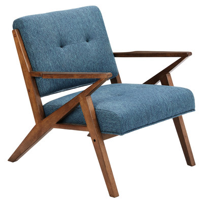 Solid Wood Lounge Chair, Mid Century Modern Aesthetic, Blue + Pecan, 32.5"H X 33.5"W 30"D Construction,