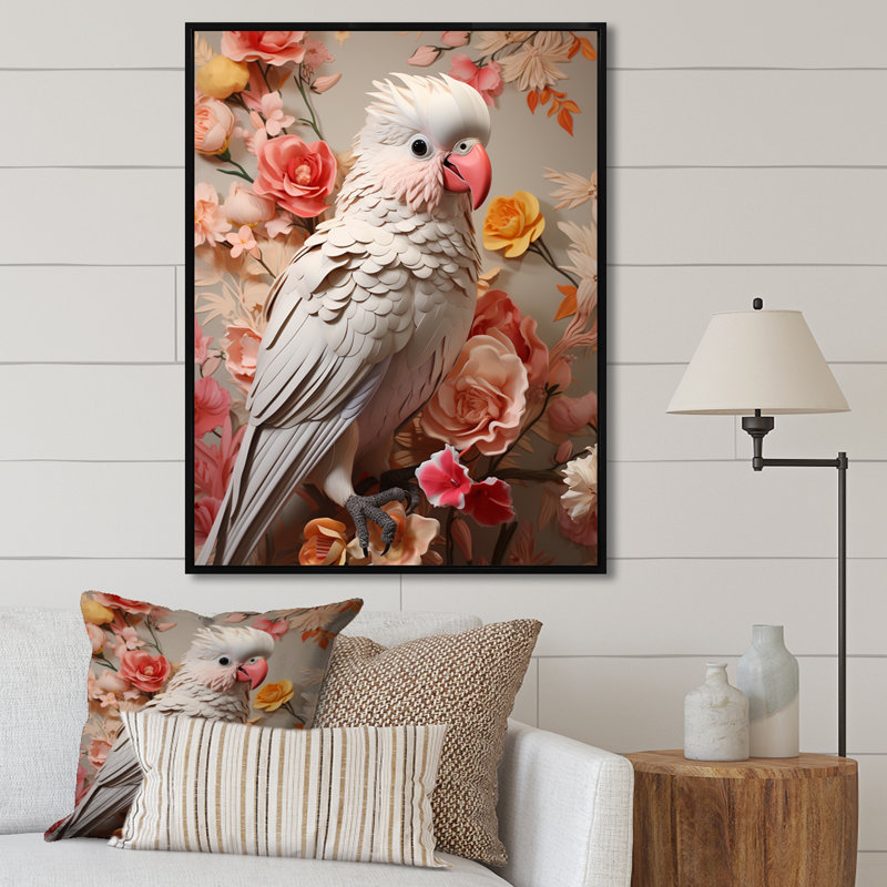 Perroquets rétro, fleur de paradis 1, art mural perroquet, Cadre flottant noir, H 44 po x l 34 po x P 1,5 po