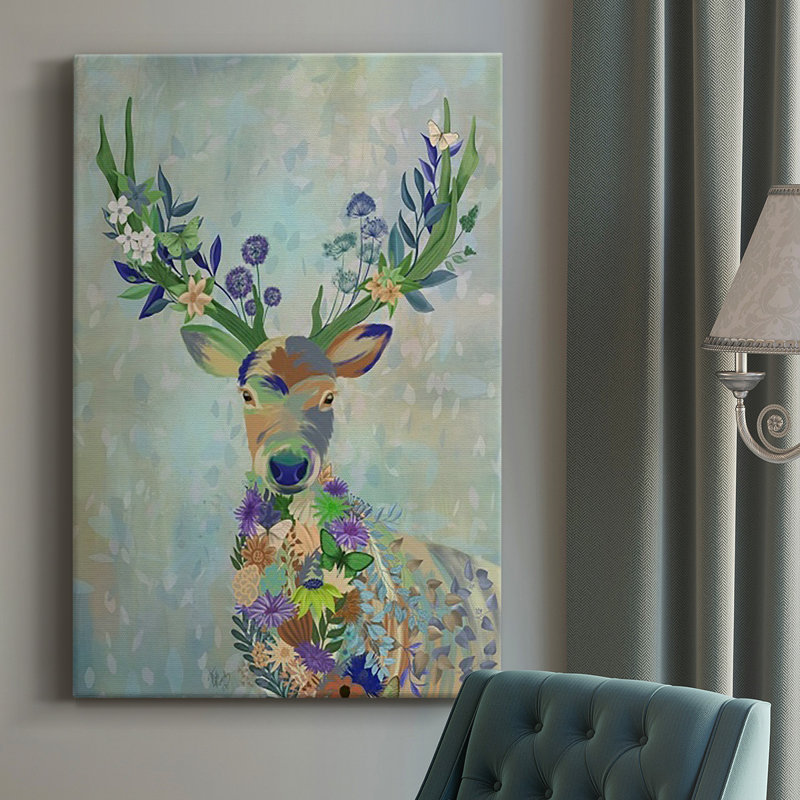 «Fantastic Florals Deer», toile tendue avec châssis de qualité supérieure - prête à accrocher, H 27 po x l 18 po x P 1 po
