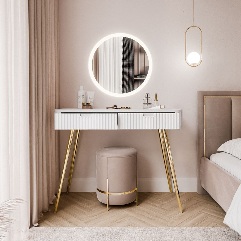 Novi Dressing Table with Mirror, White/Gold