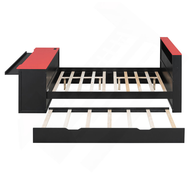 Lit de jour en bois avec couchette, bureau, lumière DEL et USB, Lit double, Noir / Rouge