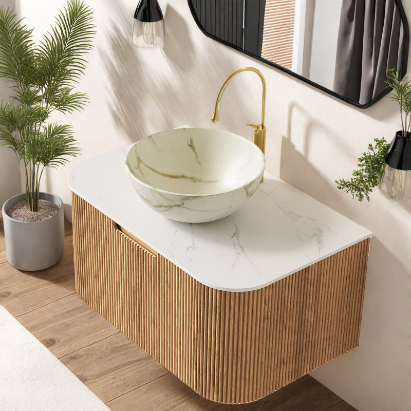Meuble-lavabo et lavabo flottant peu encombrant, grain de bois moderne