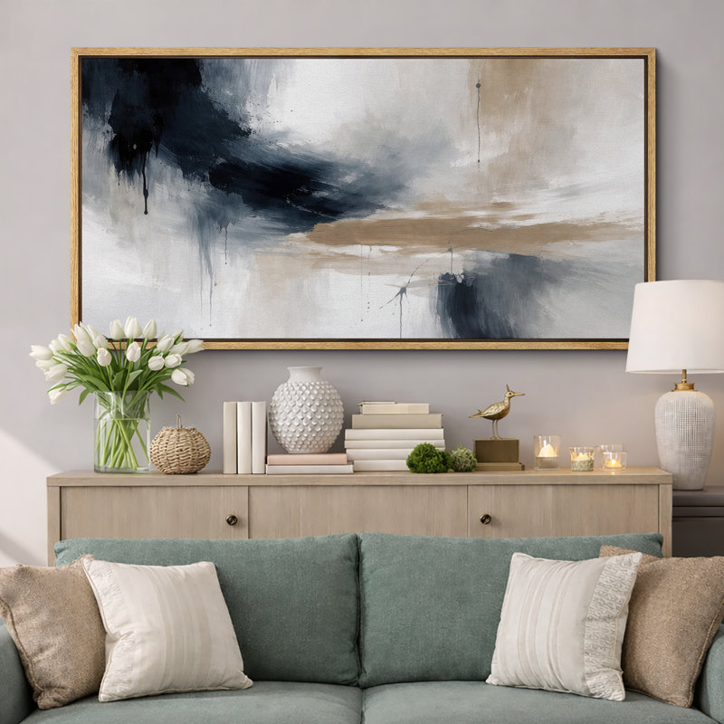 Abstrait bleu beige fluide, œuvre d'art moderne, images de salon moderne, impression sur toile encadrée, Cadre naturel