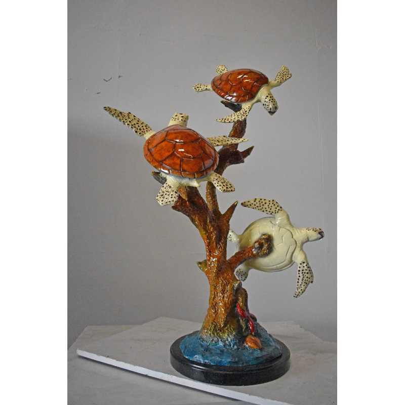 Bronze and Marble Three Turtles with Coral Statue