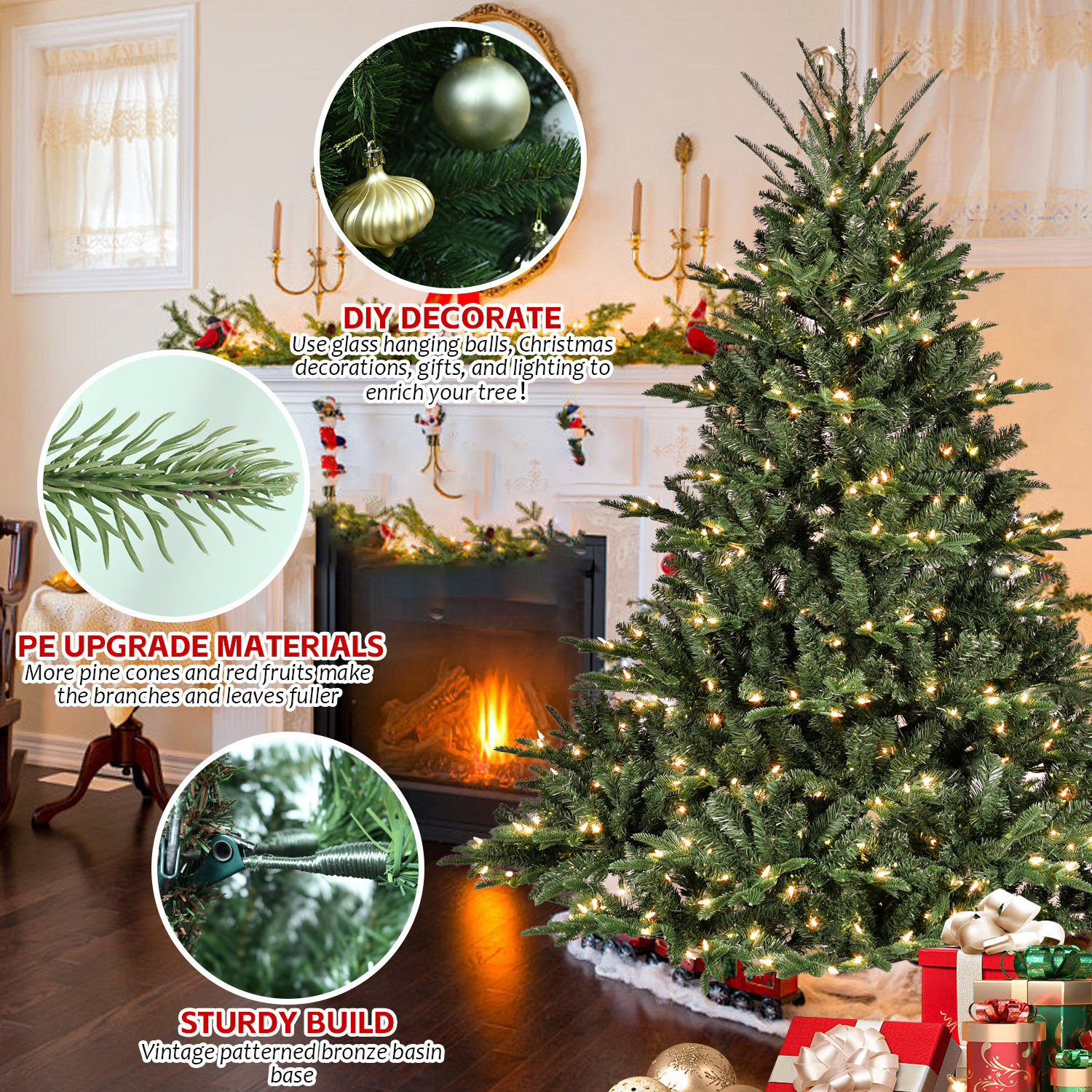 Pre-Lit Green Christmas Tree with PE/PVC Mixed Branches, Lights, Foldable Metal Base, 9'