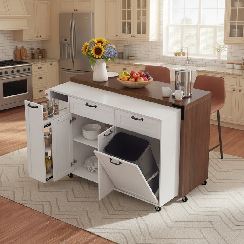 Expandable Kitchen Cart with Pull-Out Spice Rack, Trash Bin Compartment, Ample Storage and Lockable Wheels, White