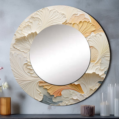 Rokko Modern Golden Beige Palm Tree - Coastal Tropical Unique Wall Mirror, Coastal Round Mirror, Printed Metal Art