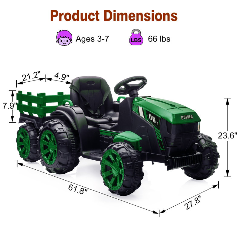 Green 12V Kids Ride-On Tractor with Trailer and Remote Control
