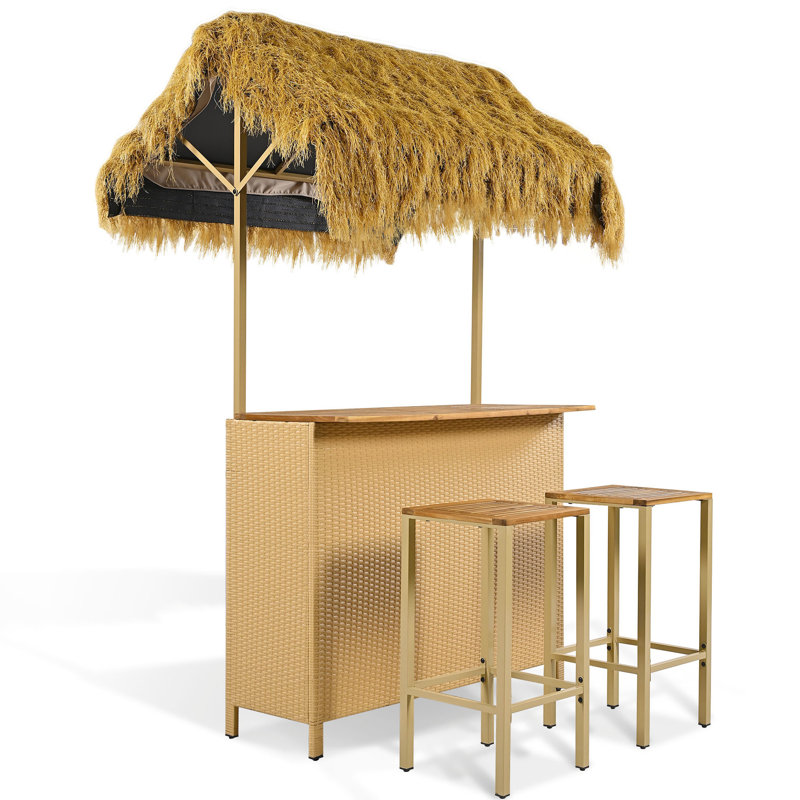 Table de bar d'extérieur de style hawaïen, protégée par un auvent en gazon synthétique, fabriquée en bois, pieds réglables pour terrain irrégulier, avec rangement et auvent inclus.