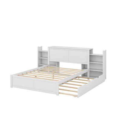 Grand lit plateforme avec rangement gigogne et tablettes coulissantes