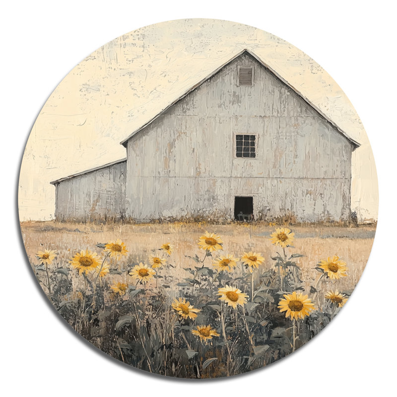 Photos de grange Minimalsim avec tournesols - impression de ferme sur cercle métallique, H 36 po x l 36 po
