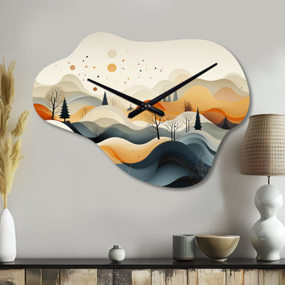 Teal Orange Line Art Landscape - horloge murale asymétrique