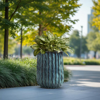 17.4'' H Tall Glazed Blue Ceramic Planter, Two-Tone Vertical Ribbed Plant Pot with Drainage Hole