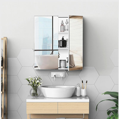 Armoire de salle de bain à miroir, armoire à pharmacie en acier inoxydable 24 po x 26 po, rangement mural avec portes doubles