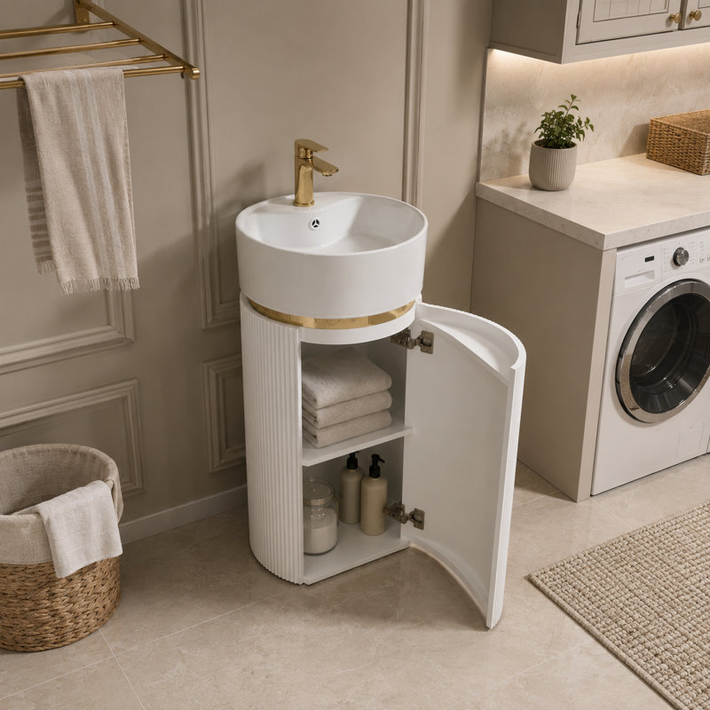 16'' Round Freestanding Bathroom Vanity with Ceramic Sink and Soft-Close Storage, Gold