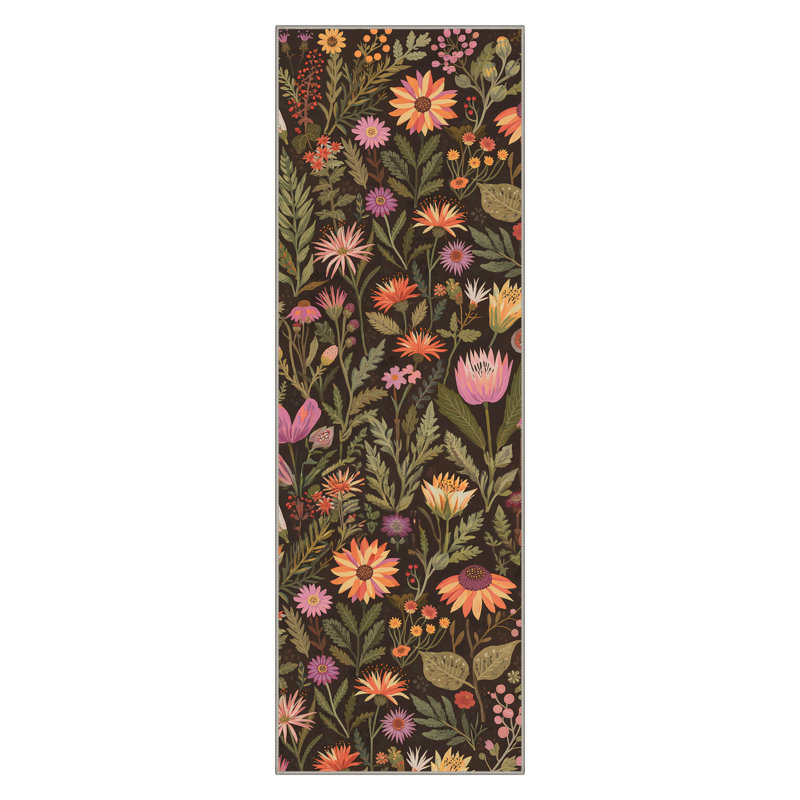 Floret Floral Machine Washable Black Indoor Area Rug with Non-Slip Backing, Runner 2' x 6'